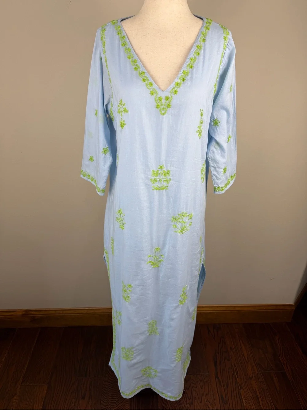 Gretchen Scott Blue Embroidered Kaftan Dress Size Small Resort Cover Up Tunic - Picture 3 of 16